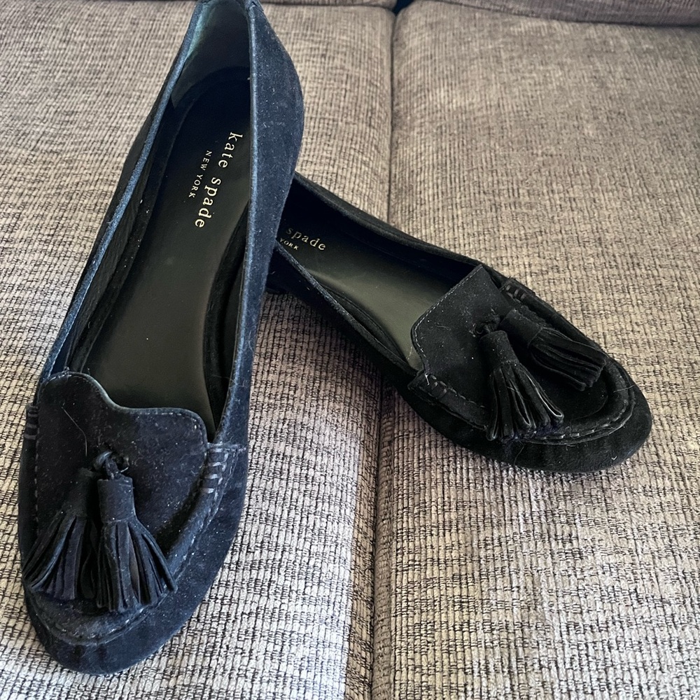kate spade black suede tassel loafers